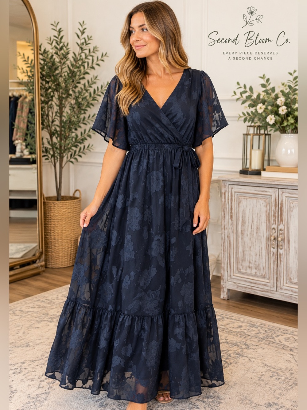 NWT Pinup Fashion Women’s 16W Navy Floral Jacquard Wrap Maxi Dress